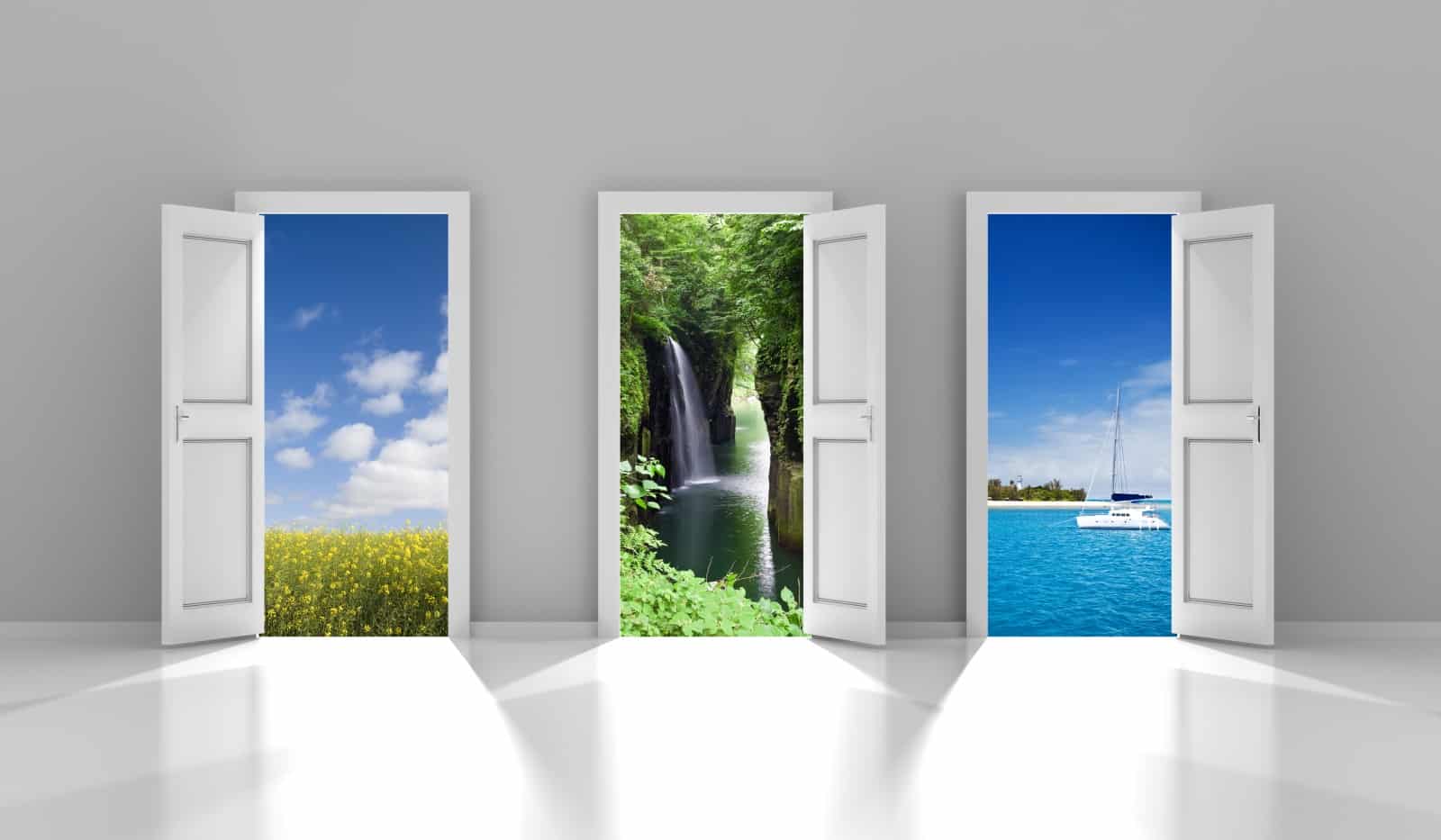 Three Open Doors Leading To Different Travel Destinations