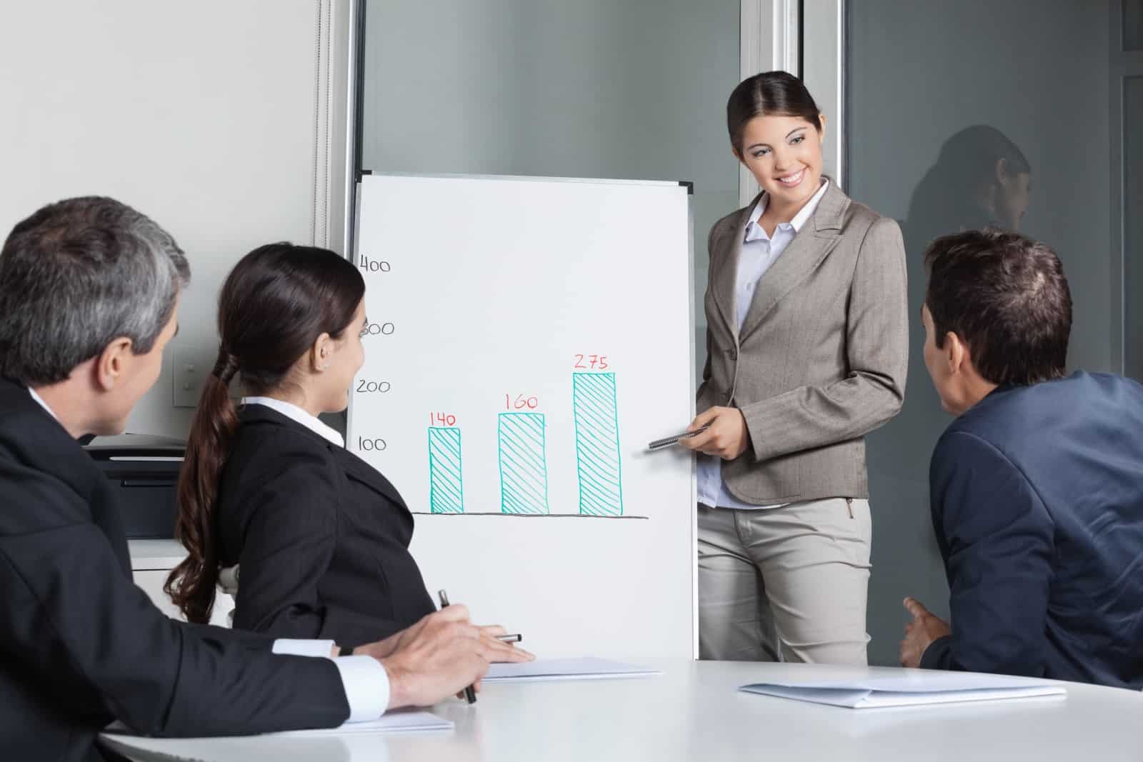 Businesswoman Presenting Bar Graphs To Other Businesspeople